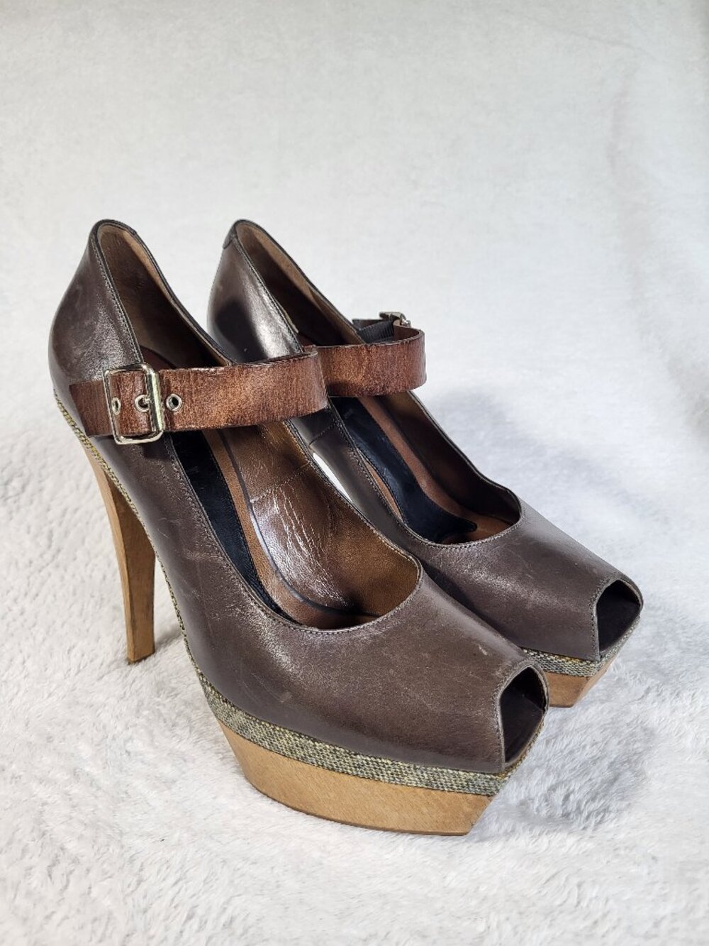 Marni Taupe Leather Mary Jane Wooden Platform Pumps Size 38.5 EU!